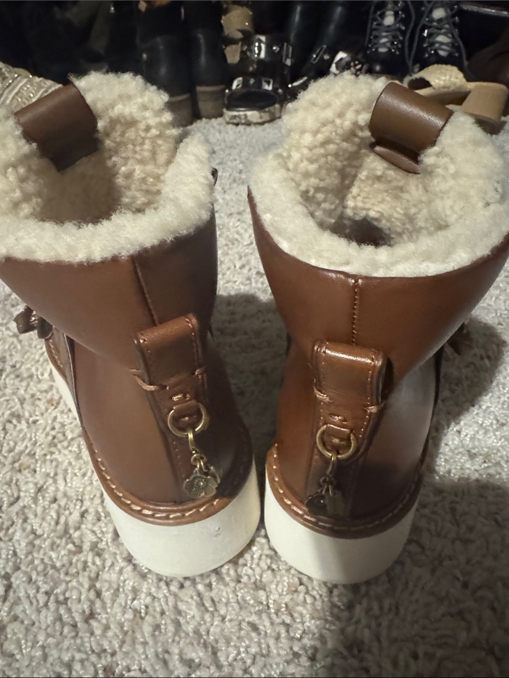 Coach Brown Shearling-Trim Winter Boots with White Sole